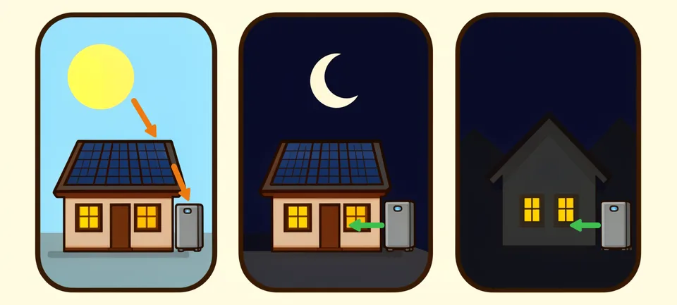 太陽光でつくった電気を昼に使い、余りを蓄電池にためて夜や停電時に使う仕組みの図